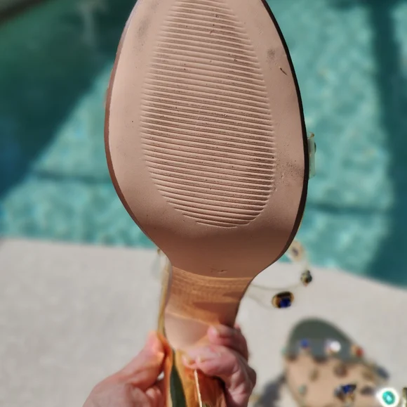 Dainty Minimal Gold Heels With Colorful Stones On Straps - Picture 11 of 14